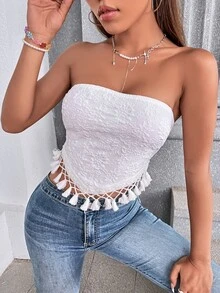 Floral Pattern Tie Backless Tassel Trim Tube Top - White - View 1
