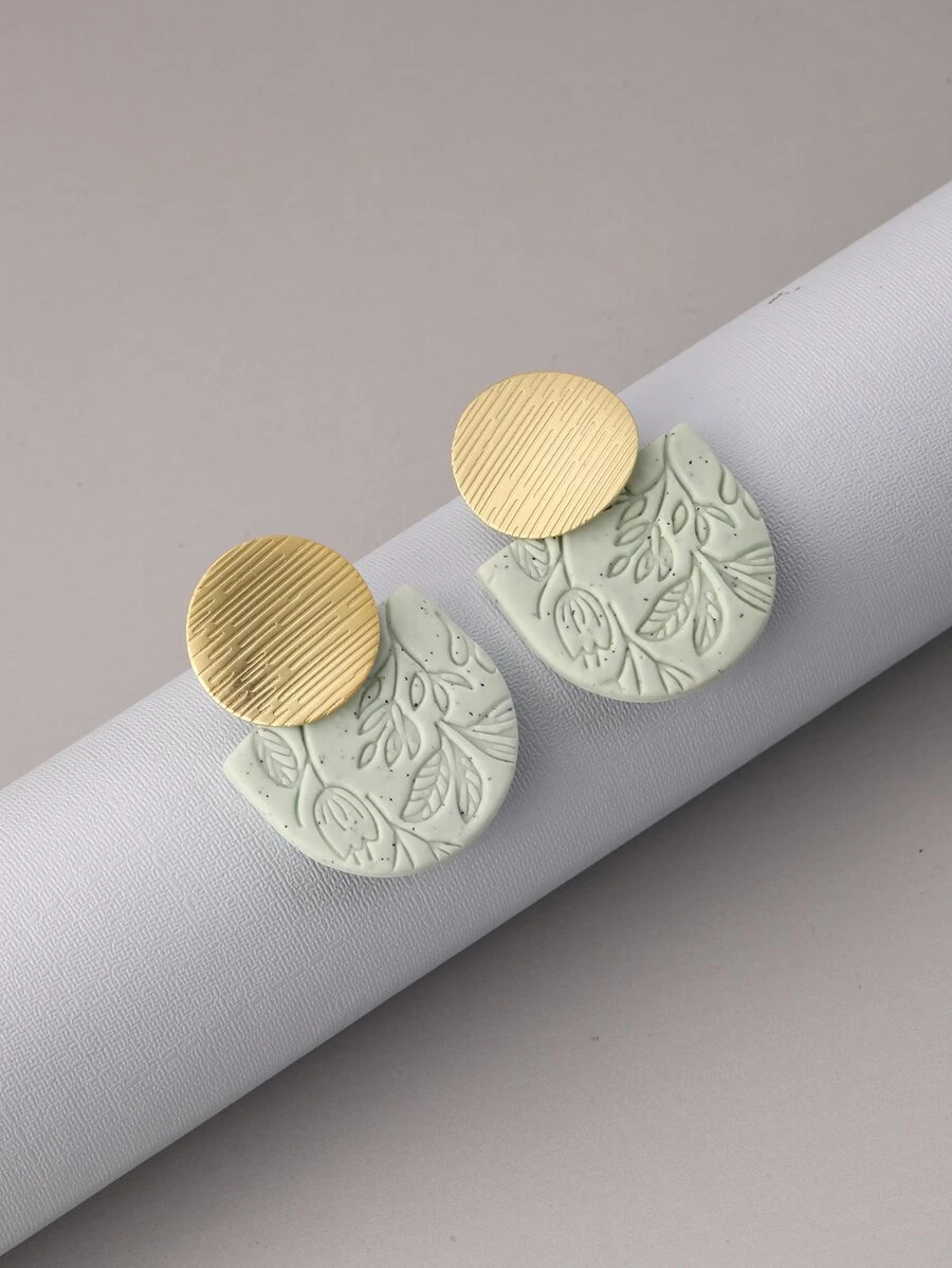 1 对手工制作的软陶半圆形浮雕自然主义设计耳环，适合度假、派对、节日和日常佩戴 - 薄荷綠 - 查看 1