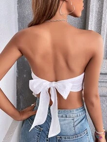 Floral Pattern Tie Backless Tassel Trim Tube Top - White - View 2