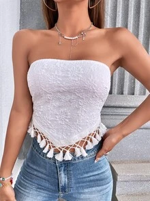 Floral Pattern Tie Backless Tassel Trim Tube Top - White - View 3