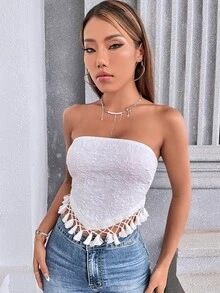 Floral Pattern Tie Backless Tassel Trim Tube Top - White - View 4