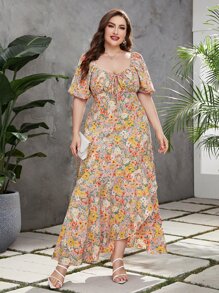 Mulvari 大碼滿版印花前繫帶泡泡袖不對稱下擺洋裝 - 彩色 - 查看 6