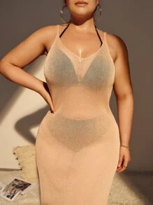 SHEIN Swim Curve Plus Size Split Thigh V Back Cover Up Dress Without Bikini Summer - Apricot - View 4