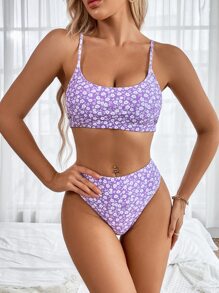 SHEIN Swim Summer Beach Ditsy Floral Bikini Set Crop Cami Top & Hipster 2 Pieces Bikini - Lilac Purple - View 4