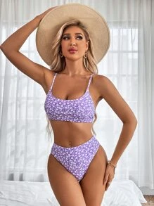 SHEIN Swim Summer Beach Ditsy Floral Bikini Set Crop Cami Top & Hipster 2 Pieces Bikini - Lilac Purple - View 5