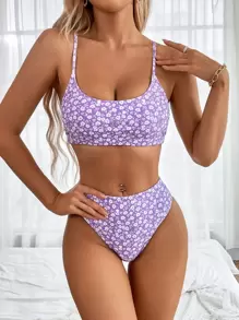 SHEIN Swim Summer Beach Ditsy Floral Bikini Set Crop Cami Top & Hipster 2 Pieces Bikini - Lilac Purple - View 6