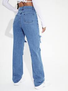 High Waist Sun & Floral Print Ripped Straight Leg Jeans - Medium Wash - View 3