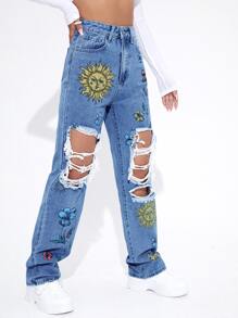 High Waist Sun & Floral Print Ripped Straight Leg Jeans - Medium Wash - View 1
