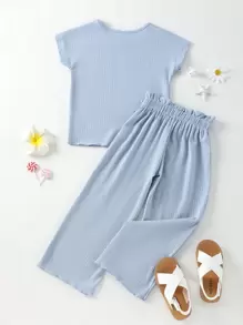 SHEIN Genkimix Kids Young Girl Batwing Sleeve Tee & Paper Bag Waist Pants Summer Holiday - Baby Blue - View 2