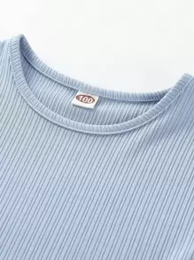 SHEIN Genkimix Kids Young Girl Batwing Sleeve Tee & Paper Bag Waist Pants Summer Holiday - Baby Blue - View 5