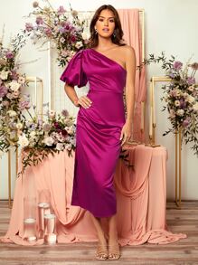 SHEIN Belle 不对称领口泡泡袖开衩大腿伴娘礼服优雅鸡尾酒会半正式舞会婚礼宾客礼服，适合生日、毕业典礼、晚宴、返校节派对礼服