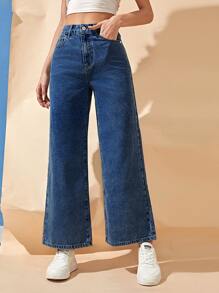 High Waist Wide Leg Jeans - Dark Wash - View 4