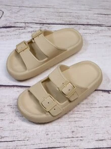 pueenb 女士纯色厚底拖鞋 - 时尚耐穿，可调节双扣带 - 柔软鞋底，超轻防滑EVA材质，适合室内外穿着，沙滩装扮，女士拖鞋 - 卡其色 - 查看 6