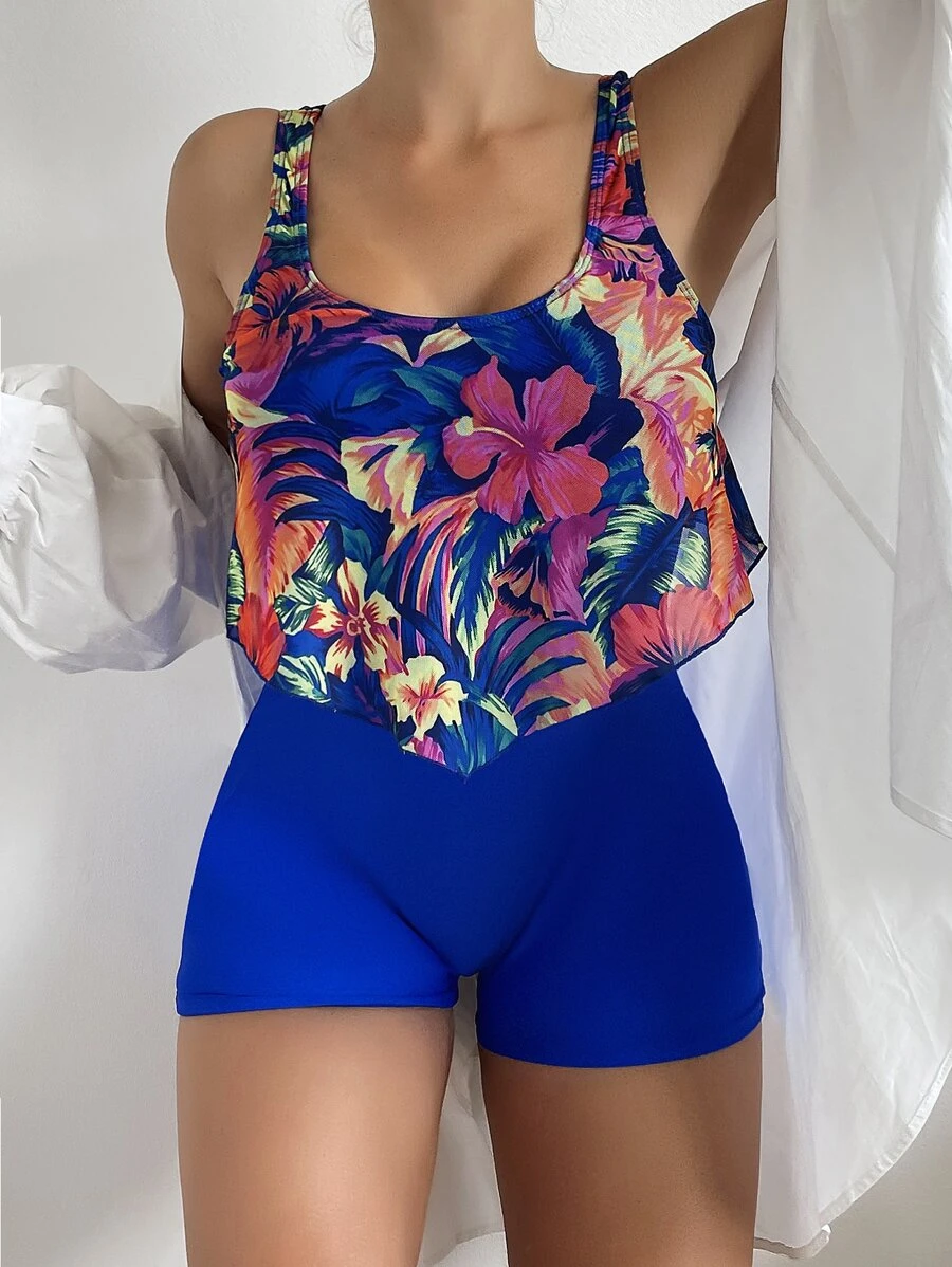 Contrast Tropical Print One-Piece Swimsuit, For Summer Beach Vacation - Multicolor - View 1