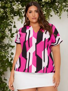 SHEIN LUNE 大碼幾何印花撞色蝙蝠袖缺口領襯衫 - 彩色 - 查看 1