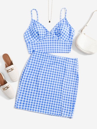 taglie forti a quadri bustier Top corto con bretelle sottile & a fessura Set gonna