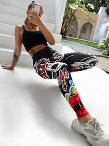 Easithlete Letter Graphic Sports Leggings - Multicolor - View 1