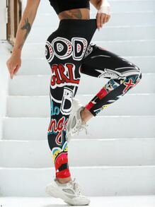 Easithlete Letter Graphic Sports Leggings - Multicolor - View 3