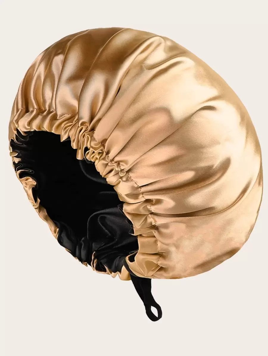 Awegeo 1pc Women's Solid Color Double-Layer Satin Sleep Cap, Adjustable Drawstring & Button, Fashionable Sleep Hat For Daily Wear, Protects & Styles Hair - Khaki - View 1