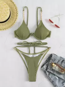 Swim SXY Summer Beach Rib Chain Linked Lace Up Underwire Bikini - Green - View 4