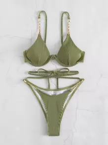 Swim SXY Summer Beach Rib Chain Linked Lace Up Underwire Bikini - Green - View 3