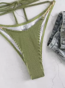 Swim SXY Summer Beach Rib Chain Linked Lace Up Underwire Bikini - Green - View 6