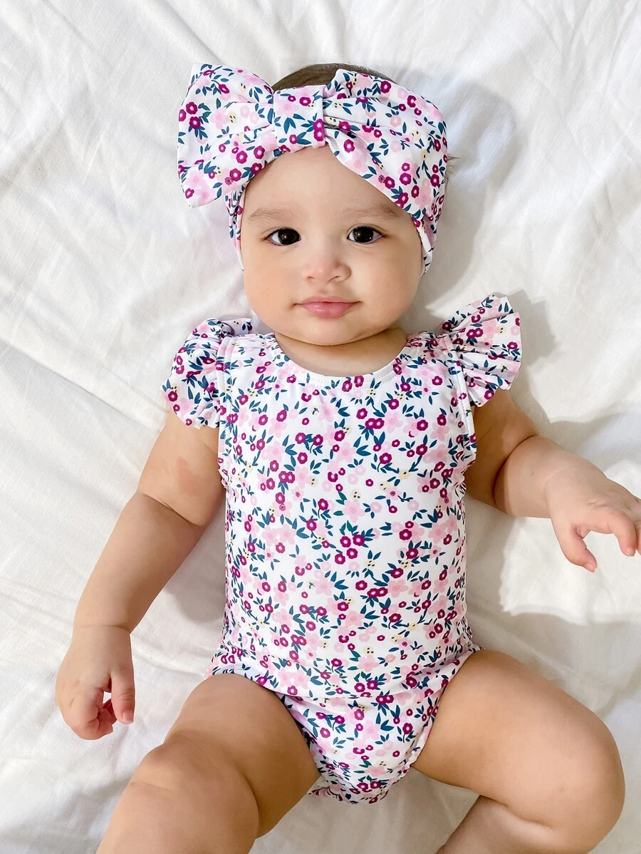 Baby Girl Floral Ruffle One Piece Swimsuit With Headband - Multicolor - View 1