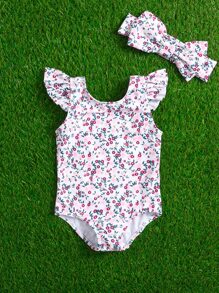 Baby Girl Floral Ruffle One Piece Swimsuit With Headband - Multicolor - View 5