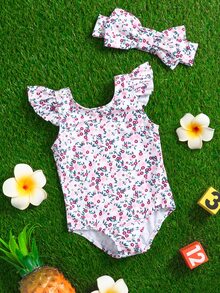 Baby Girl Floral Ruffle One Piece Swimsuit With Headband - Multicolor - View 6