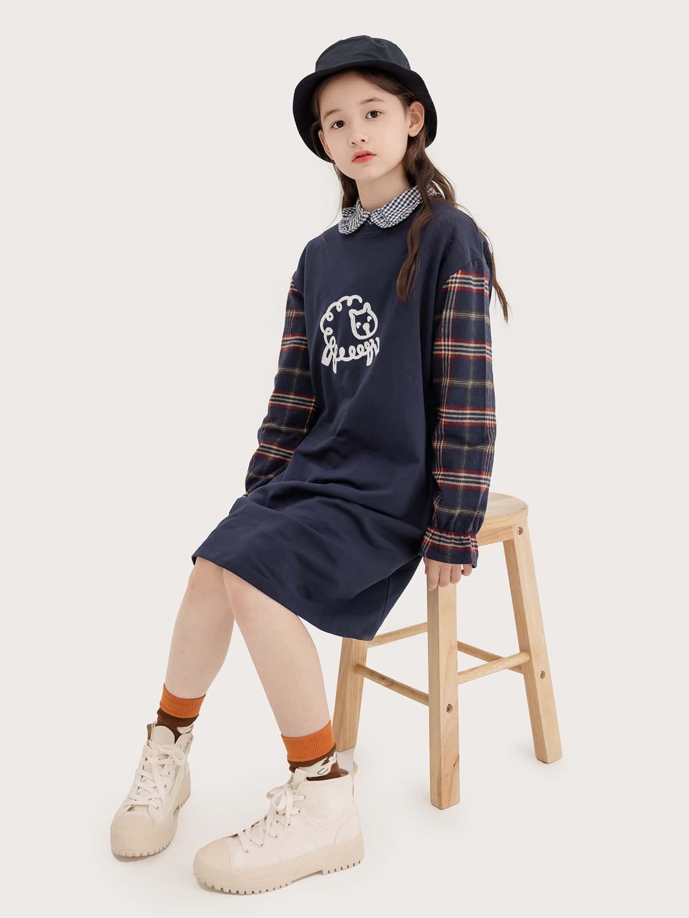 CUNYI 女孩卡通和格紋印花荷葉袖連衣裙 - 藏蓝色 - 查看 1
