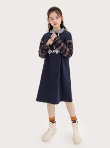 CUNYI 女孩卡通和格紋印花荷葉袖連衣裙 - 藏蓝色 - 查看 6