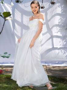 Missord Off Shoulder Floral Embroidery Mesh Wedding Dress - White - View 4