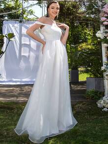 Missord Off Shoulder Floral Embroidery Mesh Wedding Dress - White - View 7