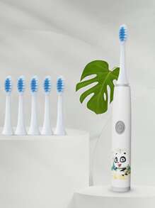 1pc Kids Cartoon Panda Pattern Electric Toothbrush & 6pcs Brush Head - White - View 2