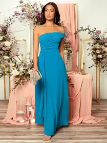 SHEIN Belle Ruched One Shoulder Draped Front Bridesmaid Dress - Blue - View 7