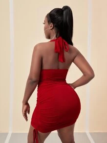 Slaydiva 繞頸露背側抽繩緊身洋裝 - 紅色 - 查看 2