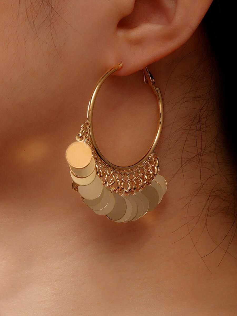 1 对波西米亚几何金属板流苏耳环女士 - 金黃色 - 查看 1