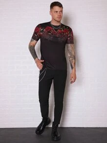 Manfinity VCAY Áo Phông Nam Cổ Tròn Tay Ngắn Graphic Tee Họa Tiết Hoa Lạ Mắt Áo Mùa Hè - màu đen - Xem 3