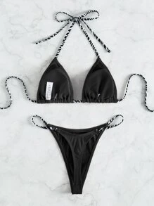 SHEIN Swim Summer Beach Colorblock Strap Halter Triangle Bikini