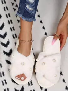 Fall/Winter Women's Open Toe Fluffy Slippers, Furry Crossover House Slide Sandals, Black Pearl - White - View 3