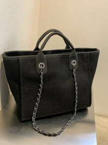 鏈條裝飾手提托特包 - 黑色 - 查看 5