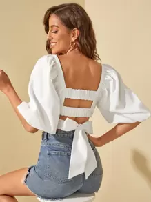 SHEIN VCAY Lantern Sleeve Tied Backless Crop Top - White - View 2