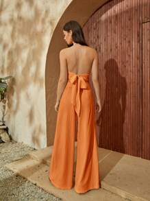 SHEIN VCAY Tie Back Backless Halter Top & Wide Leg Trousers - Orange - View 3