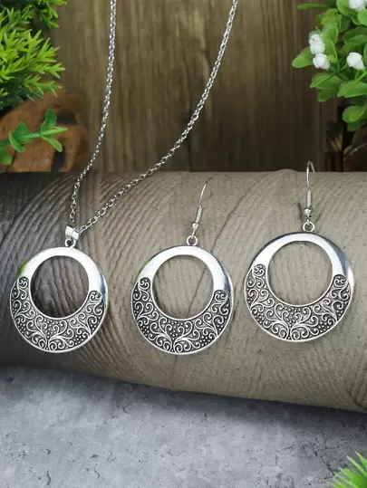 TopHanqi 3pcs Vintage  Hollow Out Geometric Teardrop & Round Shaped Silver-Color Pendant Earrings Necklace Set For Women, Suitable For Party, Dating, And Work