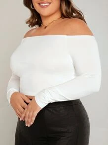 SHEIN BASICS Plus Off Shoulder Solid Tee - White - View 3