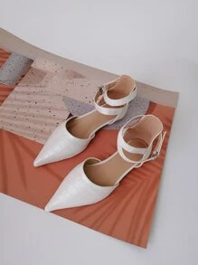 Crocodile Embossed Point Toe Ankle Strap Flats