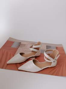 Crocodile Embossed Point Toe Ankle Strap Flats