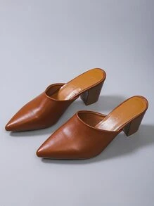 Point Toe Chunky Heeled Mule Pumps - Brown - View 3