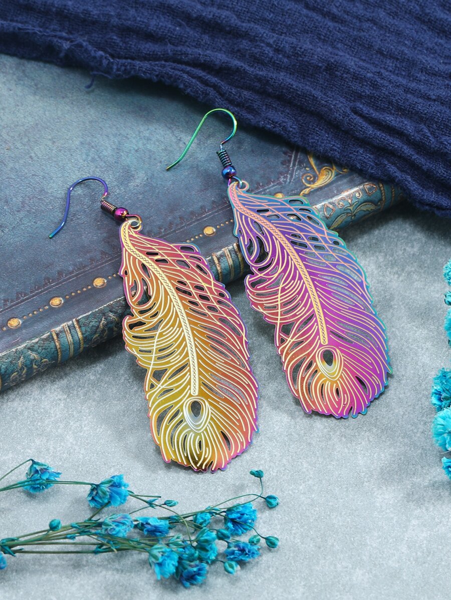Pendientes largos pluma - Multicolor - Ver 1