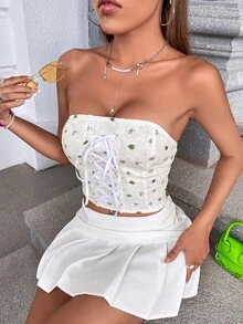 Random Ditsy Floral Jacquard Lace Up Front Shirred Back Tube Top - White - View 2